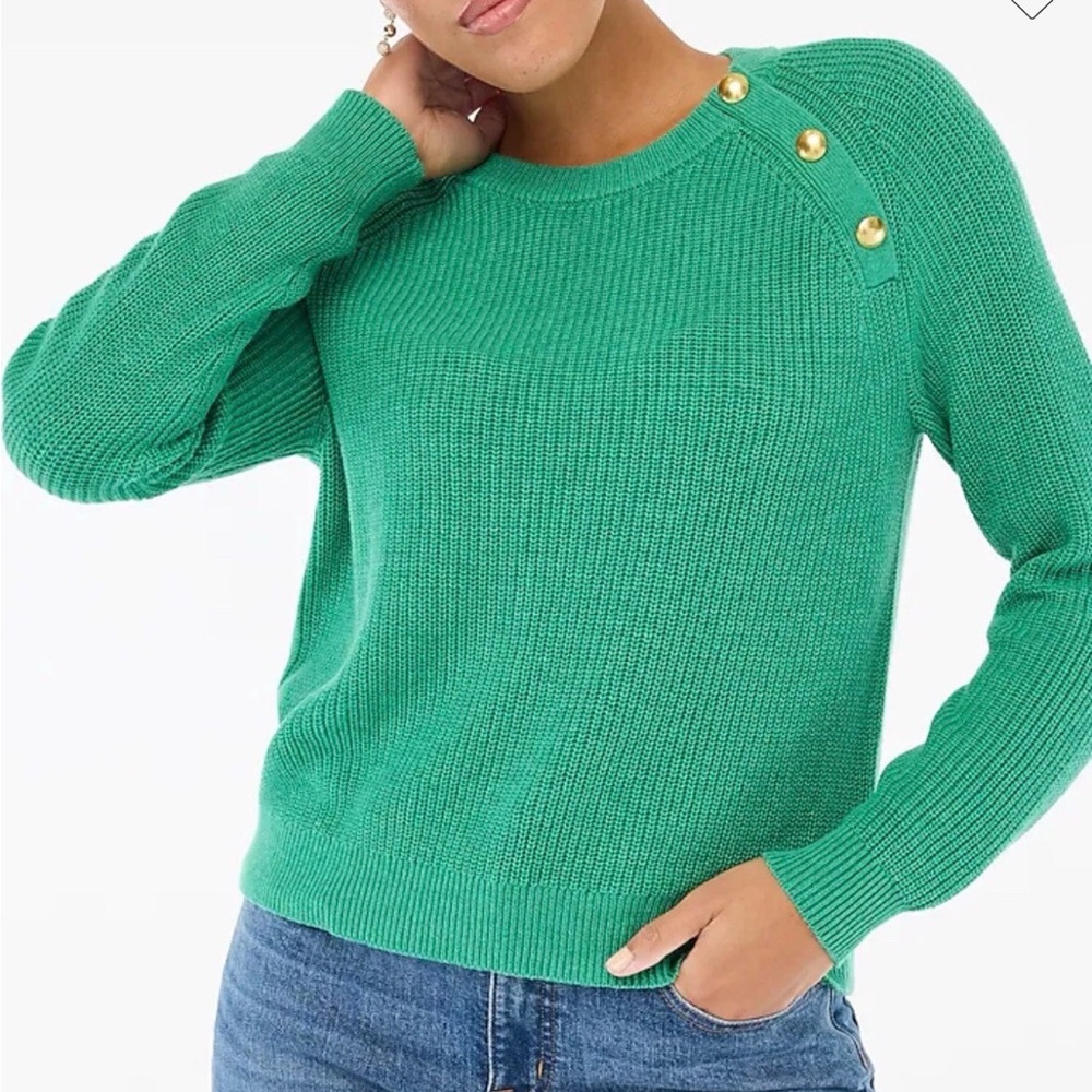 J Crew Green Ribbed Crewneck Sweater Gold Buttons Medium EUC